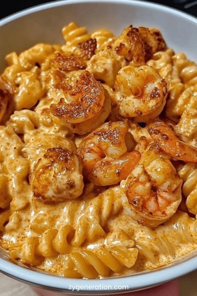 Assiette de pâtes crémeuses avec morceaux de poulet doré et crevettes, nappées d’une sauce épicée au fromage, texture onctueuse et appétissante.