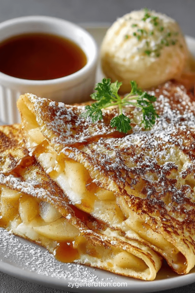 crêpes aux pommes fondantes légèrement caramélisées, saupoudrées de sucre glace et servies avec un filet de miel.