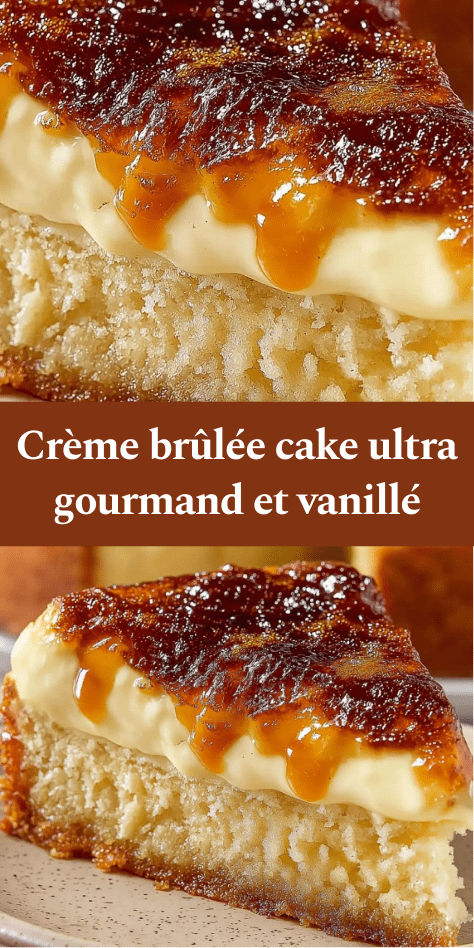 Crème brûlée cake maison dans un moule rond, gâteau moelleux recouvert d’une crème vanillée lisse et d’une croûte caramel dorée et craquante.