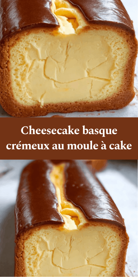 Cheesecake basque crémeux cuit dans un moule à cake, avec surface dorée caramélisée et intérieur fondant, servi en tranches sur une assiette.