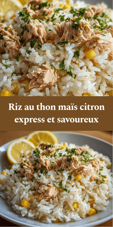 Assiette de riz au thon, maïs et citron avec persil frais ciselé, servie dans un bol clair pour un repas rapide et léger.