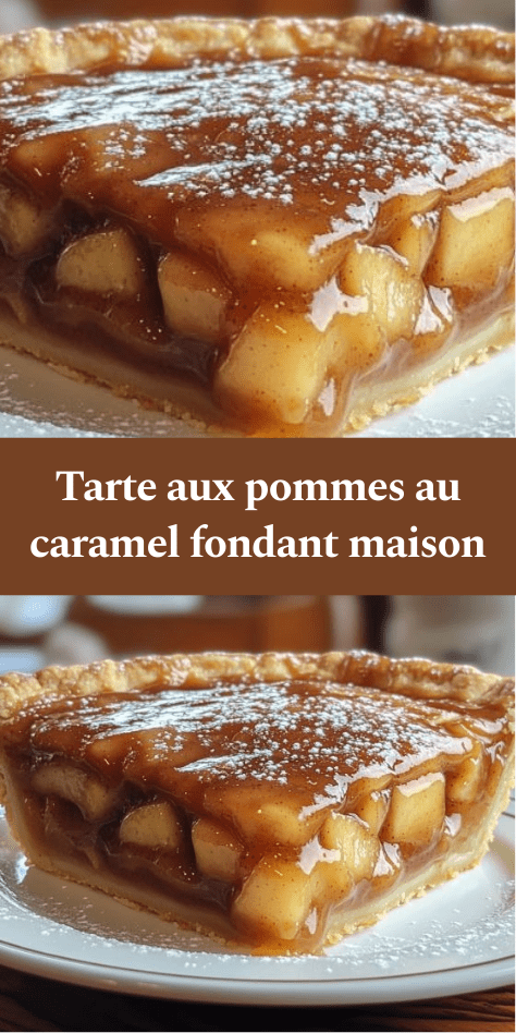Tarte aux pommes au caramel fondant avec pâte dorée croustillante, pommes tendres parfumées à la cannelle et nappage brillant au caramel onctueux.