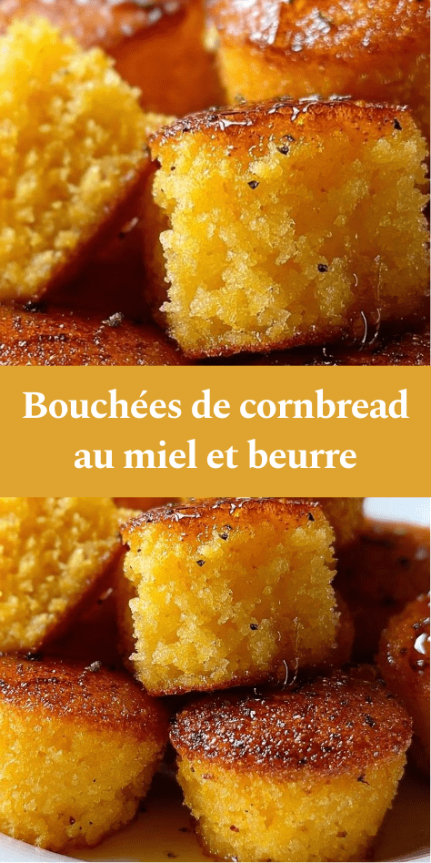 Bouchées de cornbread dorées et moelleuses, servies chaudes avec un nappage brillant au miel et au beurre, dans un moule à mini muffins.