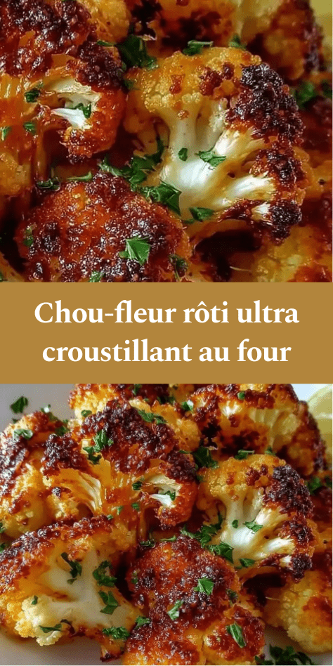 Chou-fleur rôti au four en petits bouquets dorés et croustillants, assaisonné au paprika, à l’ail et garni de persil frais.