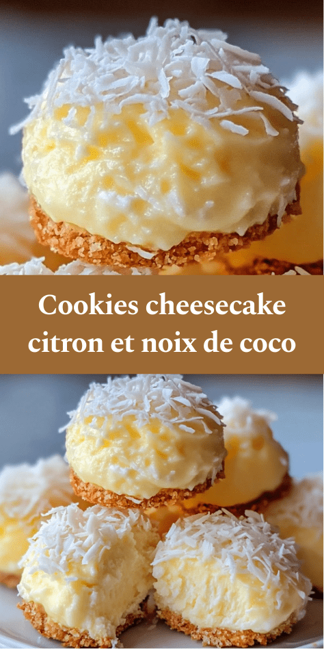 Petits cookies cheesecake au citron avec base biscuitée dorée, crème fondante au fromage frais et finition à la noix de coco râpée.