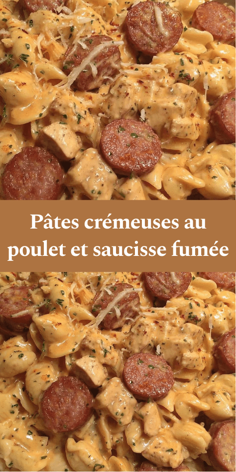 Assiette de pâtes crémeuses au poulet et saucisse fumée, nappées d’une sauce au fromage, garnies de persil frais et de parmesan râpé.