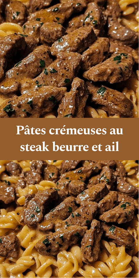 Assiette de pâtes crémeuses au steak, beurre et ail, nappées d’une sauce au parmesan avec morceaux de bœuf tendres et persil frais.