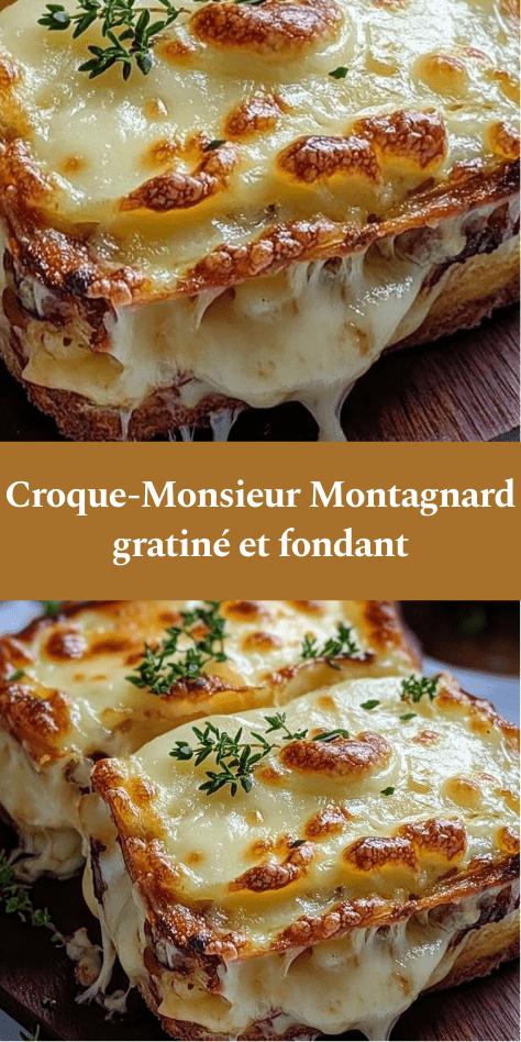 Croque-monsieur montagnard doré au four, garni de jambon, crème fraîche et fromage fondant, servi chaud avec herbes fraîches.
