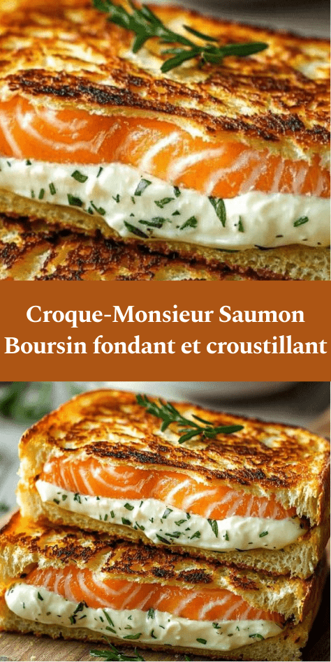 Croque-monsieur au saumon et Boursin doré à la poêle, pain croustillant, crème fondante aux herbes et garniture de saumon servi chaud.