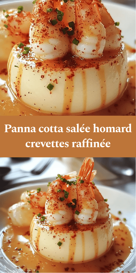 Panna cotta salée en verrine, crème lisse légèrement rosée au paprika, garnie de crevettes et de chair de homard, finie à la ciboulette.