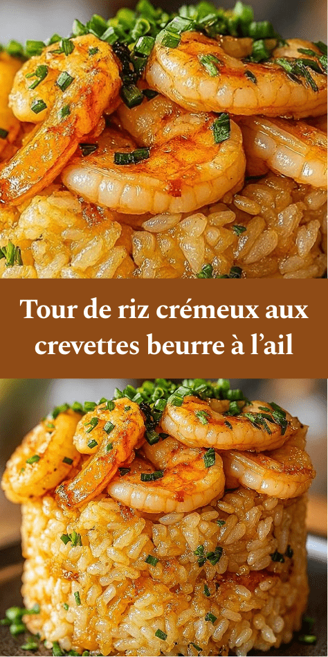 Tour de riz crémeux aux crevettes dorées au beurre à l’ail, garnie de ciboulette fraîche et parmesan, dressée en forme de dôme dans une assiette.
