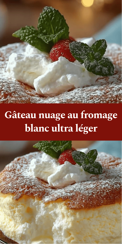 Gâteau nuage au fromage blanc, très aérien et doré, saupoudré de sucre glace, découpé en parts, mie mousseuse visible sur assiette.