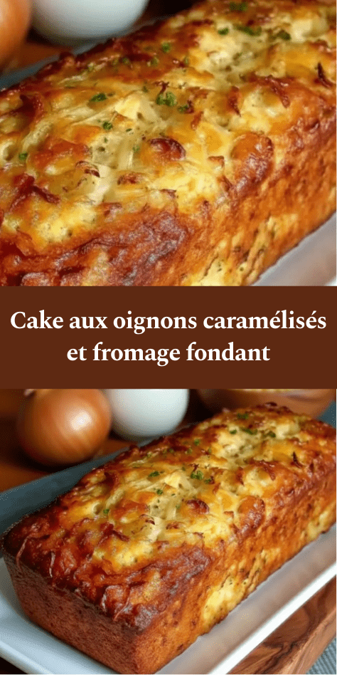 Cake salé moelleux aux oignons caramélisés et fromage, tranché sur une planche, croûte dorée, mie fondante, servi avec salade verte.