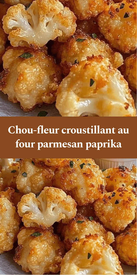 Fleurettes de chou-fleur panées au parmesan et paprika, dorées au four sur plaque, texture croustillante, servies avec sauce crémeuse.