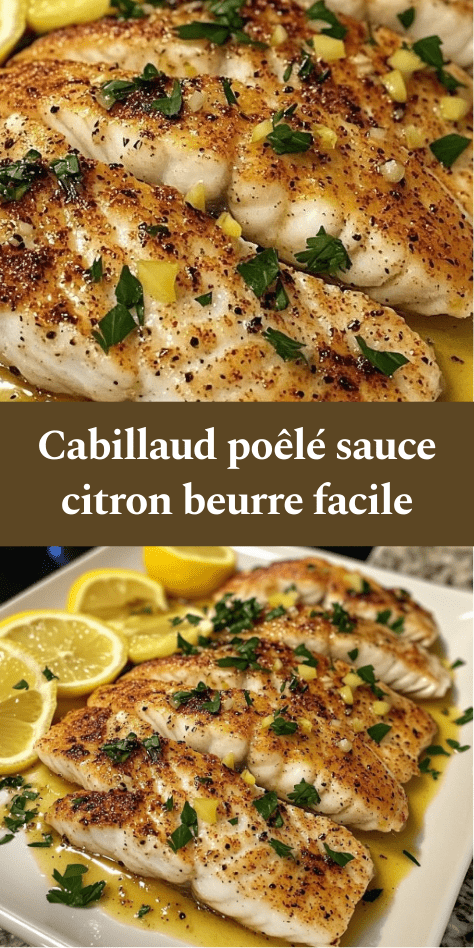 Filets de cabillaud poêlé dorés nappés de sauce citron beurre à l’ail, parsemés de persil, servis avec rondelles de citron.