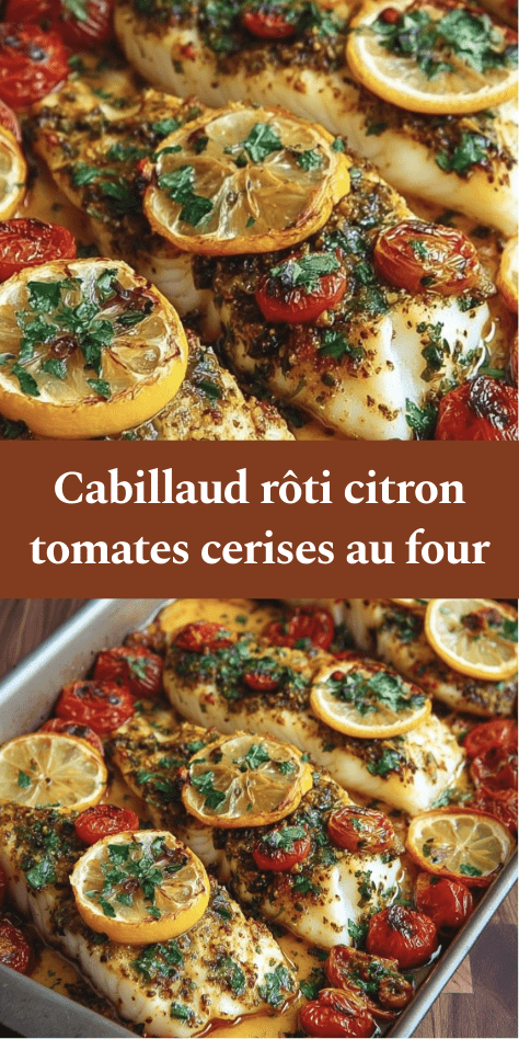 Dos de cabillaud rôti au four avec rondelles de citron, tomates cerises éclatées, ail et herbes, nappé de jus de cuisson, persil frais.