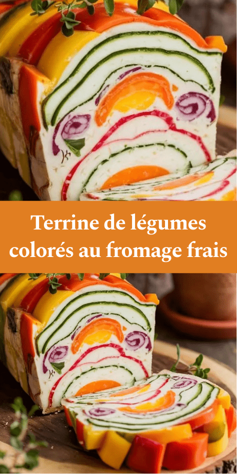 Terrine de légumes colorés au fromage frais, tranchée net, lamelles de courgette et poivrons visibles, servie en entrée avec herbes fraîches.