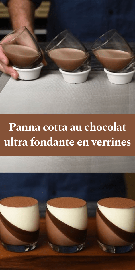 Verrines de panna cotta au chocolat noir, texture lisse et brillante, saupoudrées de cacao, servies bien froides avec effet incliné.
