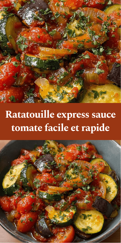 Ratatouille express à la sauce tomate avec courgettes, aubergines et tomates mijotées, servie chaude avec des herbes fraîches.