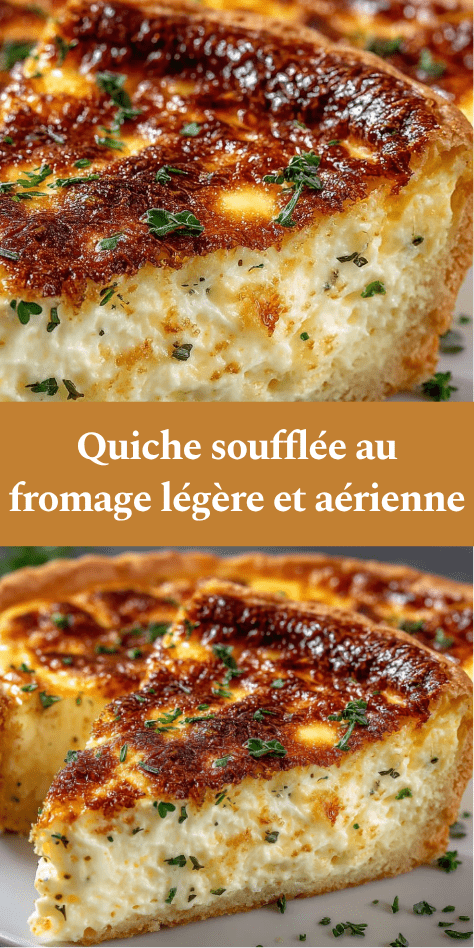 Quiche soufflée au fromage dorée et gonflée avec une texture aérienne et moelleuse, servie en parts sur une assiette.