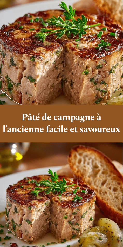 Pâté de campagne à l’ancienne tranché avec texture fondante, croûte dorée et herbes visibles, servi sur une planche rustique.