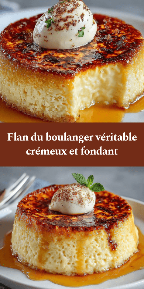 Flan du boulanger crémeux avec surface dorée légèrement caramélisée et texture fondante, servi en parts épaisses sur une assiette.