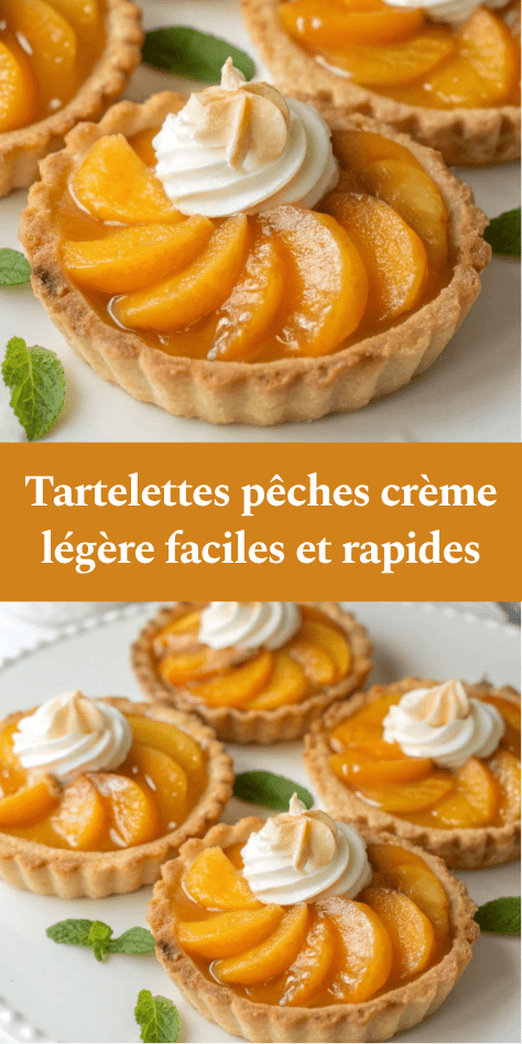 Tartelettes aux pêches de crème légère au yaourt et décorées de lamelles de pêches fraîches, avec un filet de miel en finition.