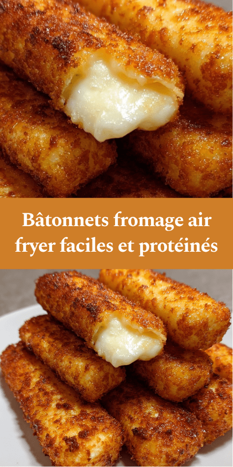 Bâtonnets croustillants au fromage dorés à l’air fryer, avec cœur fondant, disposés sur une assiette avec texture croustillante visible.