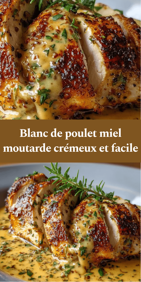 Blanc de poulet dorés à la poêle nappés d’une sauce crémeuse au miel et à la moutarde, servis chauds dans une assiette avec une garniture maison.