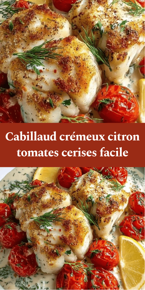 Filets de cabillaud dorés nappés d’une sauce crémeuse au citron, accompagnés de tomates cerises rôties et d’herbes fraîches dans une assiette élégante.