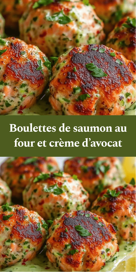 Boulettes de saumon dorées au four servies avec une crème d’avocat onctueuse et citronnée, dressées avec des herbes fraîches dans une assiette moderne.