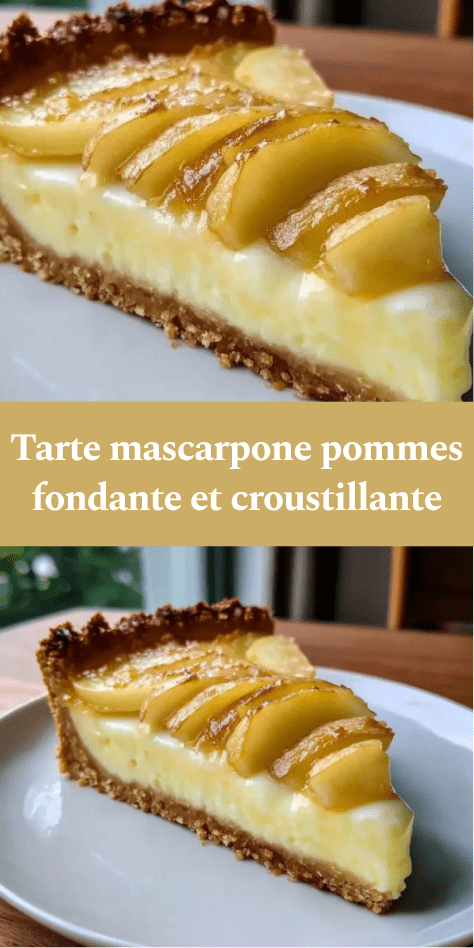Tarte aux pommes et mascarpone dorée avec fines tranches de pommes disposées en rosace sur une crème onctueuse, servie sur une pâte sablée croustillante.
