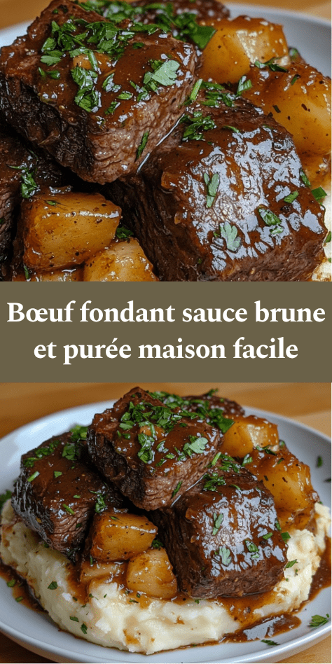 Assiette de bœuf fondant mijoté dans une sauce brune onctueuse, servi avec une purée maison crémeuse et des cubes de pommes de terre, parsemé de persil frais.