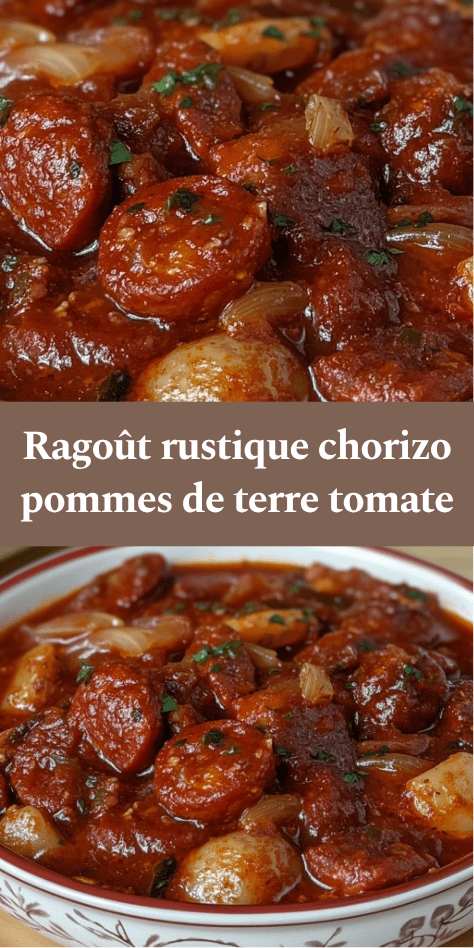 Ragoût rustique au chorizo avec pommes de terre fondantes, carottes et sauce tomate épaisse, servi chaud dans une cocotte avec persil frais.