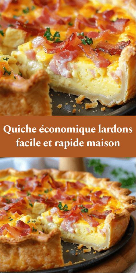 Quiche économique aux lardons dorée au four, avec pâte brisée croustillante et appareil crémeux, servie en parts avec une texture fondante.
