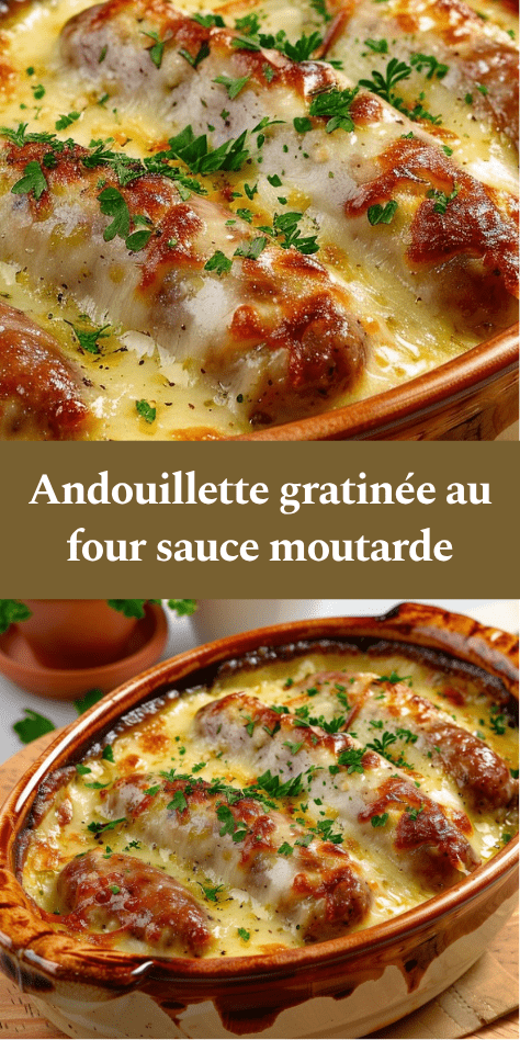 Andouillette gratinée au four avec fromage doré et sauce à la moutarde, servie chaude dans un plat à gratin avec une texture fondante et croustillante.