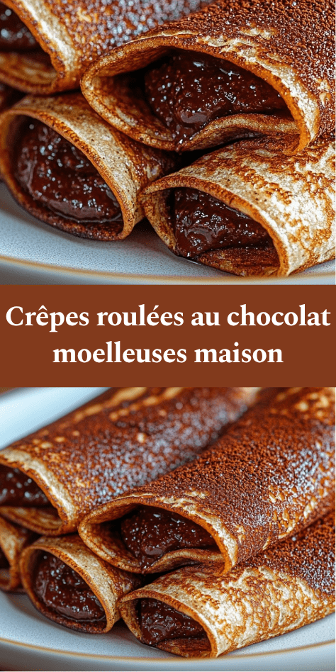 Crêpes roulées au chocolat garnies de pâte à tartiner, coupées en deux et saupoudrées de sucre glace, avec une texture moelleuse et un aspect gourmand.