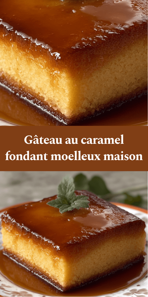 Gâteau au caramel fondant démoulé avec un nappage caramel brillant coulant sur le dessus, texture moelleuse et dorée, servi en parts.