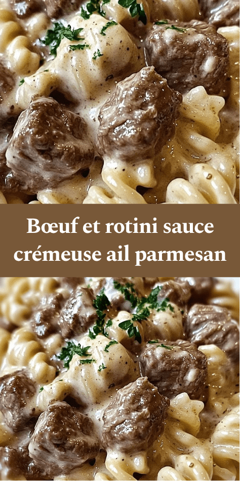 Assiette de rotini au bœuf nappés d’une sauce crémeuse à l’ail et au parmesan, garnie de persil frais, servie chaude dans une ambiance conviviale.