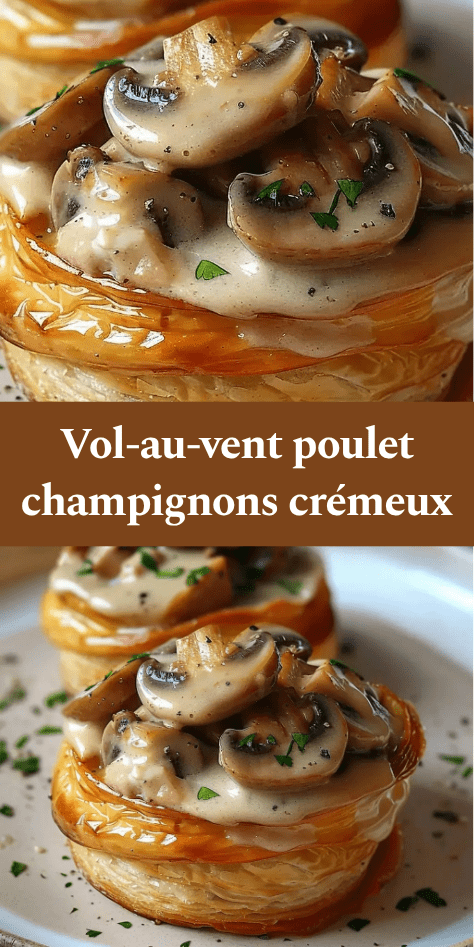 Vol-au-vent poulet croustillant et tendre et champignons dans une sauce crémeuse, décoré de persil frais et servi chaud.