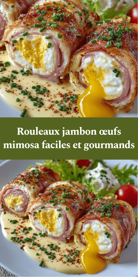 Rouleaux de jambon garnis d’œufs mimosa crémeux, décorés de ciboulette et paprika, présentés en assiette pour une entrée fraîche.