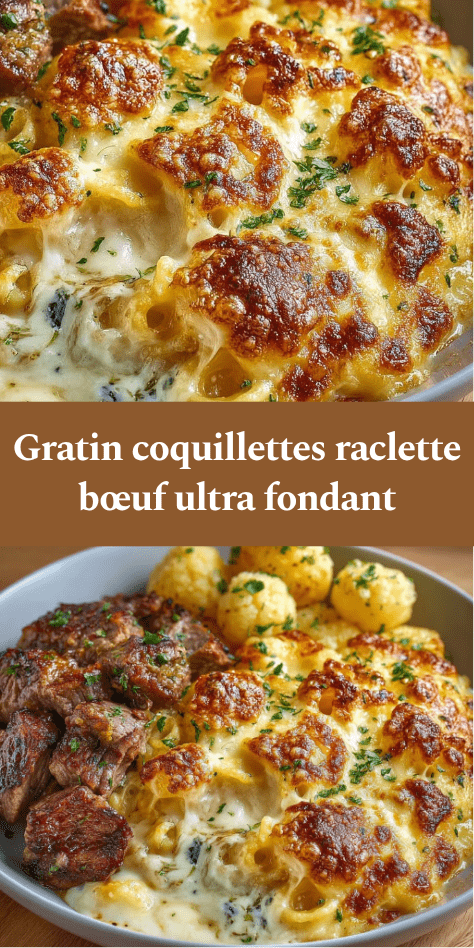 Gratin de coquillettes au fromage à raclette fondu et bœuf doré, servi chaud avec une texture ultra crémeuse et gratinée.