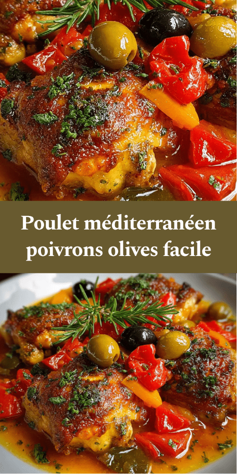 Cuisses de poulet méditerranéen mijotées avec poivrons colorés, olives et sauce tomate aux herbes, servies chaudes dans un plat méditerranéen.