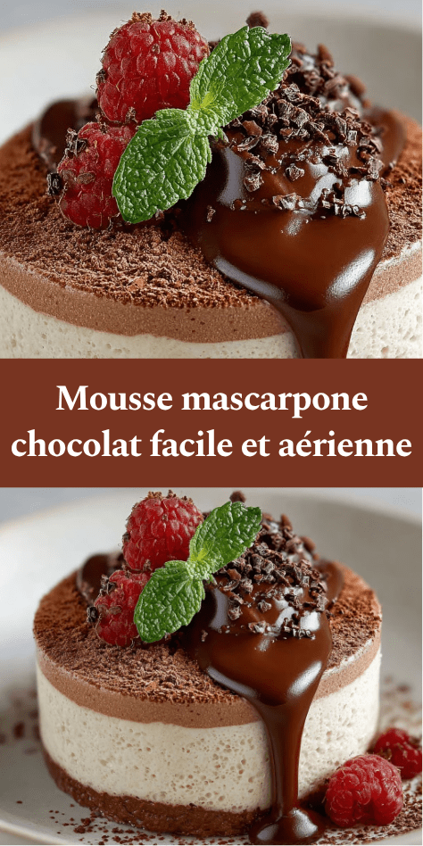 Verrines de mousse au chocolat et mascarpone, texture aérienne et crémeuse, saupoudrées de cacao avec copeaux de chocolat.