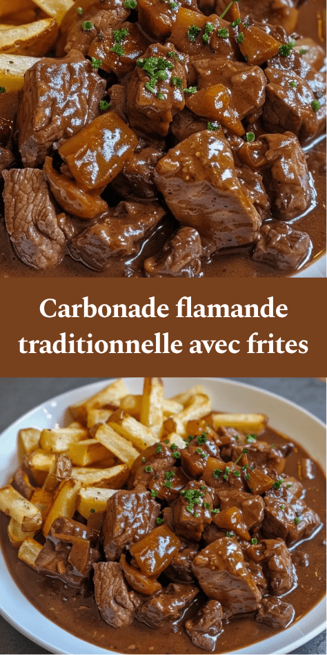 Carbonade flamande au bœuf mijoté dans une sauce brune épaisse avec oignons et bière, servie avec des frites croustillantes.