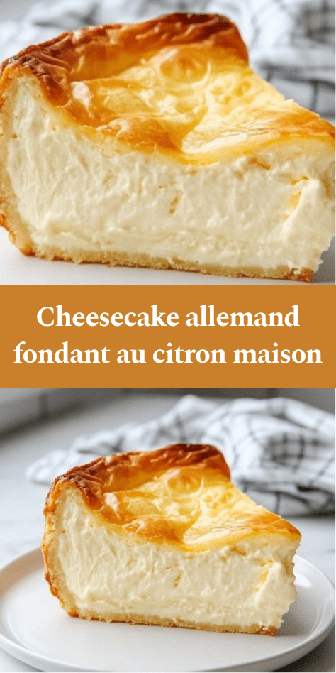 Cheesecake allemand maison au fromage blanc, légèrement doré, fondant et aérien, servi en parts sur un plat avec une texture crémeuse et une touche de citron.