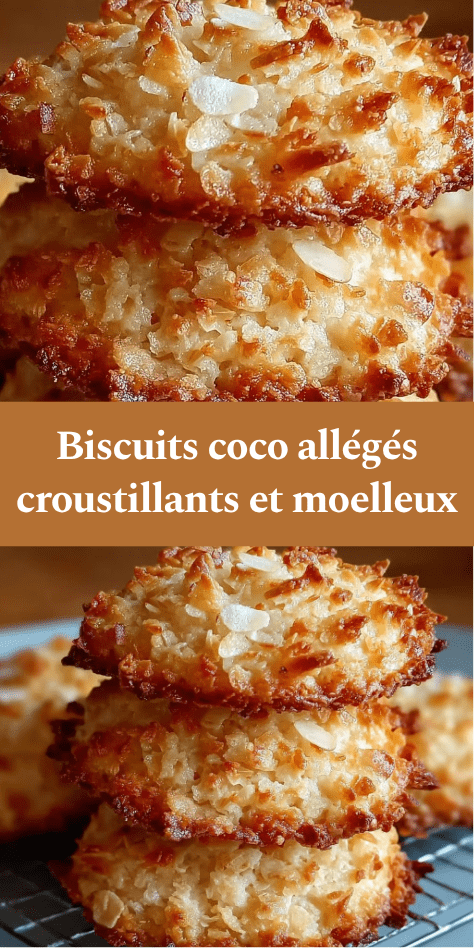 Biscuits coco allégés, dorés et légèrement croustillants, texture moelleuse à l’intérieur, présentés sur une plaque avec une apparence artisanale.