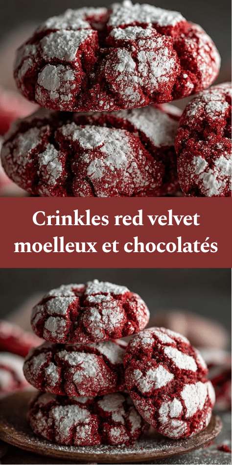 Biscuits crinkles red velvet maison, rouges et craquelés, enrobés de sucre glace, texture moelleuse au centre et légèrement croustillante à l’extérieur.