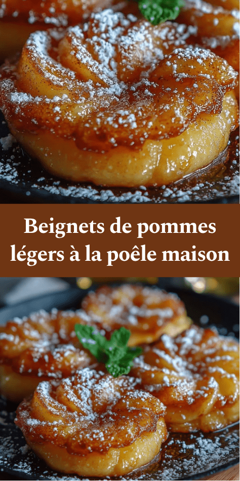 Beignets de pommes maison cuits à la poêle, dorés et moelleux, légèrement caramélisés, servis avec sucre glace et texture fondante.