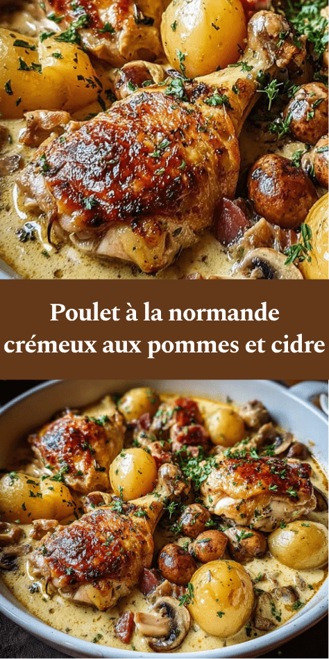 Poulet à la normande mijoté en sauce crémeuse au cidre avec pommes fondantes et champignons, servi chaud dans une cocotte rustique.